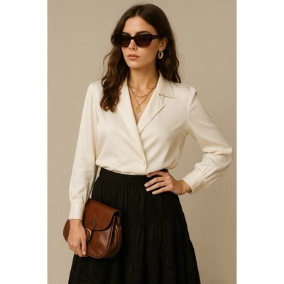 Blusa 40 Chaqueta Vintage Christian Dior Crema Crudo Satinado Seda Doble Pecho Foto 1 de 4