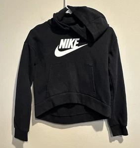 Nike Swoosh Cropped Hoodie Girl's Size L Large Hooded Sweatshirt Black - Picture 1 of 4