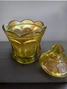 Vintage Fostoria Coin Pattern Glass Olive/Avocado Green Candy/Trinket Jar 6.5" - Picture 1 of 2