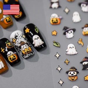 Halloween Nail Art Sticker gelb Kürbis Nagel Aufkleber 5D geprägt Geist Totenkopf N - Bild 1 von 7