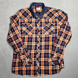 True Religion Shirt Mens 2XL Blue Orange Plaid Pearl Snap Western Long Sleeve - Picture 1 of 9