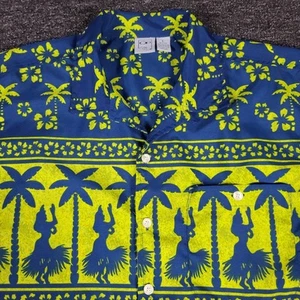 Vtg Ocean Pacific Hawaiian Shirt Mens Large Green Hula Dancer Palm Tree Allover - Picture 1 of 10