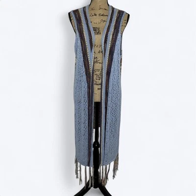 Chaleco Largo OSO Informal Boho Crochet Sin Mangas Talla L Azul Multicolor Flecos Hippie Foto 1 de 4