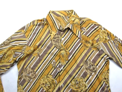 Camisa hippie discoteca abstrata amarela listrada flor década de 1970 vintage tamanho M mod novidade - Imagem 1 de 4