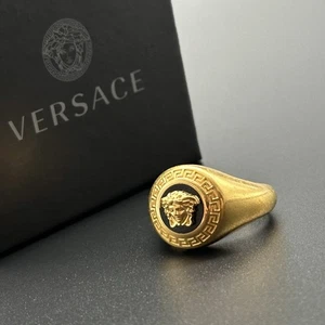 VENTA VERSACE Anillo Emblema Medusa Logo Tallado Greca Dorado/Negro Talla 13, 15, 17 NUEVO - Imagen 1 de 9