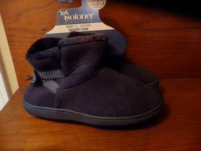 全新带标签 Isotoner 黑色人造麂皮绒和毛皮舒适短靴拖鞋带蝴蝶结细节,S 6.5-7 — 第 1/3 张图片