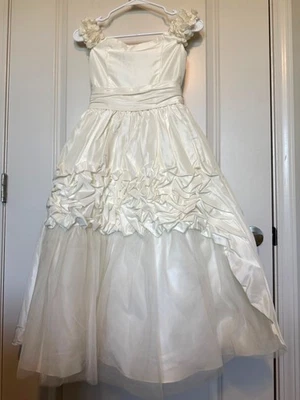 Joan Calabrese Mon Cheri Flower Girl Dress Size 10 Ivory Satin Tulle Straps Bow - Image 1 of 4