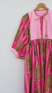 Tiger Print Midi Dress Ora Summer Midi Dress, Deep Neck with string closer - Picture 1 of 6