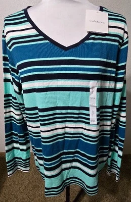 2X Croft&Barrow womens top blouse Bust 50" L 27" NEW blue stripes long sleeve - Image 1 of 3