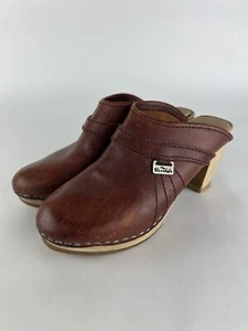 Vintage Skandals Size 36 US 5.5  Brown Leather Wooden Swedish Clogs Sweden - Picture 1 of 10