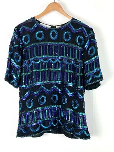 Vtg 80s Sz L Laurence Kazar 100% Silk Sequin Top Short Sleeve Party Beaded NYE - Picture 1 of 8