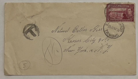 1947 SAN FERNANDO TRINIDAD AND TOBAGO COVER SENT TO NEW YORK, CIRCLED T POSTMARK Cover