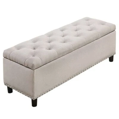 Cassapanca Pouf Contenitore Panca Sgabello Poggiapiedi Legno e Tessuto Beige - Immagine 1 di 4