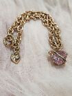 Vintage Juicy Couture Gold Tone Puffy Pink Crystal Heart Charm Bracelet 