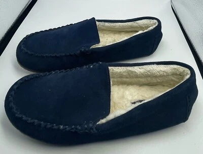 Lands' End Suede Leather Moccasin Slippers Navy Blue Faux Fur Lined Size 10B - Image 1 of 4