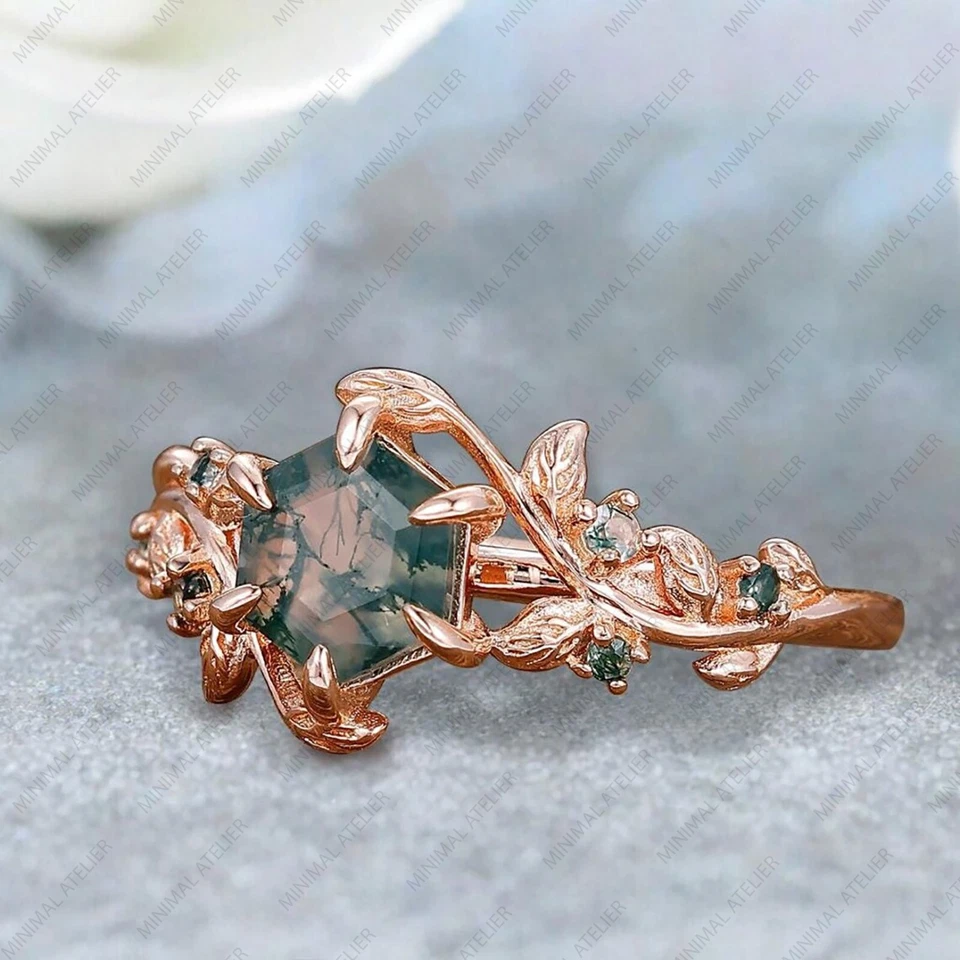 Anillo de boda con piedras preciosas de ágata musgo corte hexagonal enchapado en oro rosa de plata esterlina 925 Foto 1 de 4