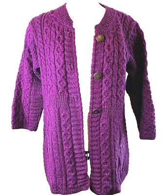 Kilronan Knitwear S Purple Plum Merino Wool Irish Aran Cardigan Sweater Ireland - Image 1 of 4