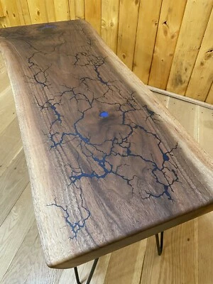 Live Edge Black Walnut Fractal & Blue Epoxy Coffee Table | 46.5" x 15"-20.5" x 2 - Image 1 of 4