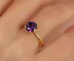 Solitaire Ring 2Ct Round Cut Lab Created Purple Amethyst 14K Yellow Gold Plated
