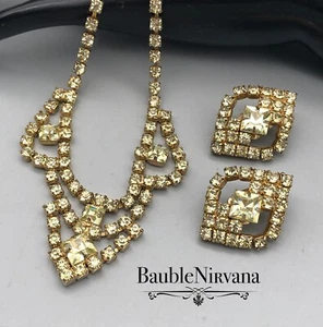 Vintage Citrine Yellow Prong Set Rhinestone Necklace & Clip on Earrings Set - Picture 1 of 5
