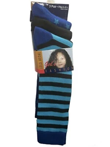Gold Medal Girl's Fashion Crew Socks 3 Pair Fits Size 6 - 8.5 Blue Black New - Picture 1 of 6