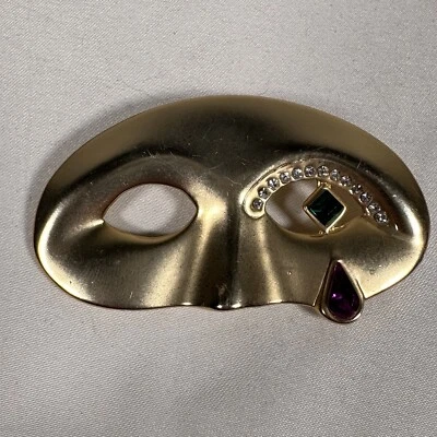 Broche prendedor máscara Mardi Gras vintage art déco mascarada piedras de cristal dorado Foto 1 de 3