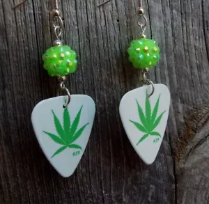 Marijuana Leaf Guitar Pick Earrings with Green Studded Rhinestone Beads - Picture 1 of 3