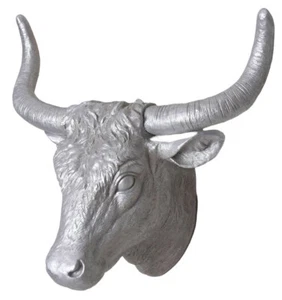 Giant Bull Head Trophy Wall Silver Decoration Figurine Animal 31 1/2in - Picture 1 of 6