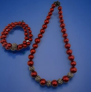 RMN Set Bracciale Collana Romana Rosso Graduato Perline Tonde Tono Argento Scuro - Foto 1 di 18