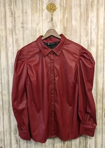New York & Company Cherry Red Faux Leather Puff Sleeve Snap Jacket Large NWT - Picture 1 of 11