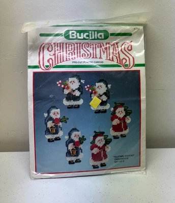 Vintage Bucilla Christmas Plastic Canvas Oldtime Santas Ornaments Set of 6 *NEW* - Image 1 of 4