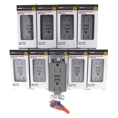 Cooper TR7745GY Gray 15A Tamper Resistant Duplex Receptacles USB Charger 10pcs - Image 1 of 4