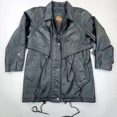 Vtg 80s 90s LUCKY LEATHER Los Angeles Retro Utility Trench Coat Jacket Sz S - Image 1 of 4