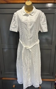 M&S White Broderie anglaise button through shirt Dress, tie belt. Size 18 Long - Picture 1 of 9