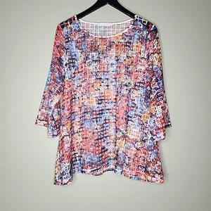 Erin London Sheer Top L Floral Multicolor Pullover 3/4 Sleeve Artsy Bohemian - Picture 1 of 7