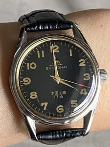 Vintage 1960s Shanghai 1120 Mechanical Wrist Watch Black Dial Manual 17 Jewels - Picture 1 of 21