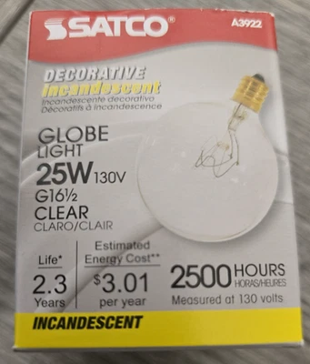 NEW Satco A3922 130V Candelabra Base 25-Watt G16.5 Light Bulb, Clear  - Image 1 of 4