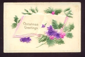 High Relief Heavy Embossed Open Book Holly Violets 1910 Vintage Postcard - Picture 1 of 1