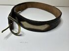 Vintage Made USA Brown Hand Tooled Leather With Animal Hair Belt 36