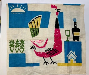 Mid Century Rooster Cotton Linen Tea Towel Sun Plants Bottle House With Stain - Picture 1 of 12