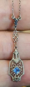 ANTIQUE VINTAGE 10K WHITE GOLD BLUE AQUAMARINE INFANTS NECKLACE 12" 1.4 GR - Picture 1 of 5
