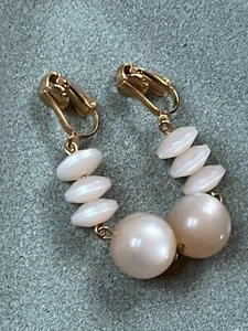 Light Tan Plastic Moonglow Disk & Bead Dangle Clip Earrings – 1 and 7/8th’s x 3/ - Picture 1 of 4