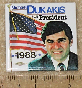 1988 MIKE DUKAKIS FOR PRESIDENT 2" x 2" BUTTON PINBACK FLAG plastic badge - Picture 1 of 2