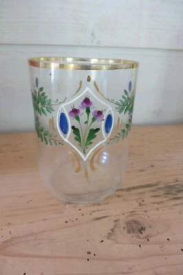 ANCIEN VERRE EMAILLE DECOR DE FLEURS - Photo 1/4