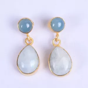 Rainbow Moonstone And Blue Chalcedony Gemstone Valentines's Day Gift Earrings - Picture 1 of 6