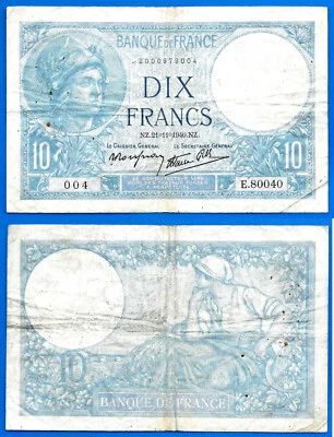 France 10 Francs 1940 Minerve Serie E Europe Banknote Frcs Frcs Free Ship World - Image 1 of 3