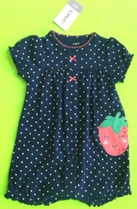 SWEET BABY GIRL 'CARTER'S' SIZE 6 M NAVY/WHITE POLKA DOT STRAWBERRY ROMPER NWT! - Picture 1 of 10
