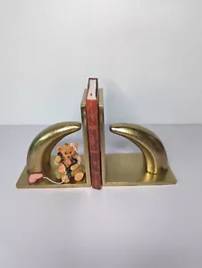 Midcentury Modern Buchstützen Skulptur Modernist Messing Ton Tier Kopfhörner Set - Bild 1 von 8