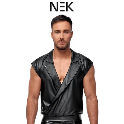 Nek Shirt schwarz matt mit Gummizug in der Taille Reverskragen und V-förmiger Vorderseite