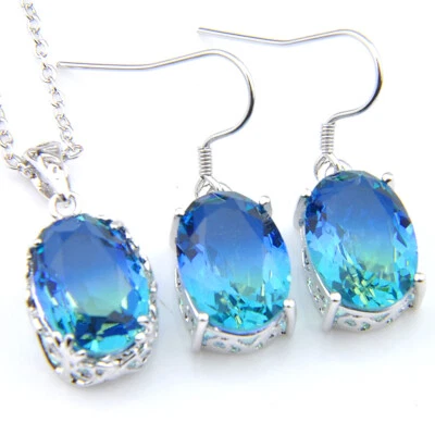 Hecho a mano 2 piezas 1 lote de pendientes colgantes de plata con piedras preciosas de topacio azul arco iris Foto 1 de 4